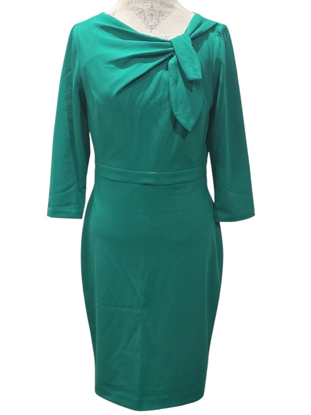 Calvin Klein Emerald Green Bow Neck Sheath 3/4 Sleeve Midi Dress